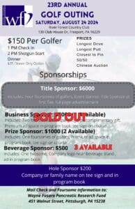 A flyer for the golf tournament with sponsors and price.